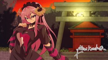 1girl animated animated_gif commission harajuku_fashion horns kaneko_mimi light_purple_hair lowres purple_eyes sheep_horns shrine skeb_commission smirk torii