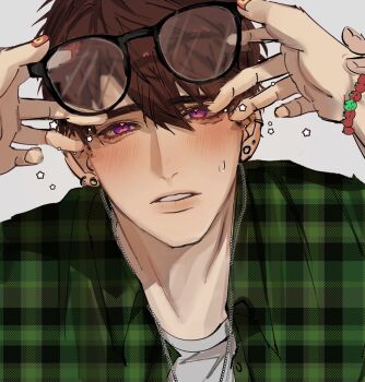 1boy 1girl allitems000 apple black-framed_eyewear blush bracelet brown_hair caleb_(love_and_deepspace) collared_shirt commentary earrings english_commentary food fruit glasses green_shirt hair_between_eyes hetero highres holding holding_removed_eyewear jewelry looking_at_viewer love_and_deepspace male_focus necklace parted_lips pink_eyes plaid_clothes plaid_shirt protagonist_(love_and_deepspace) shirt shirt_under_shirt short_hair unworn_eyewear upper_body white_shirt