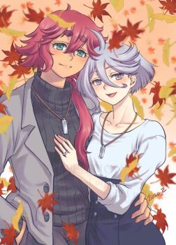 2girls aqua_eyes autumn_leaves black_skirt black_sweater closed_mouth commentary_request falling_leaves grey_eyes grey_hair grey_jacket gundam gundam_suisei_no_majo hand_on_another&#039;s_waist highres ii_fuufu_no_hi jacket jewelry kanesada_keishi leaf long_hair miorine_rembran multiple_girls necklace outdoors red_hair ribbed_sweater ring shirt short_hair skirt suletta_mercury sweater thick_eyebrows wedding_ring white_shirt wife_and_wife yuri