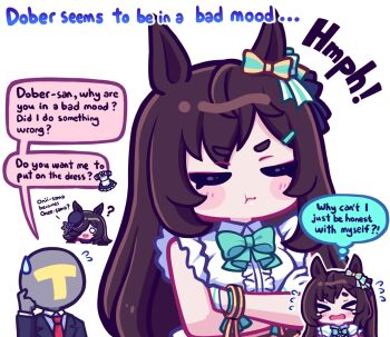 >_< 1boy 2girls :t ? animal_ears aya_chan1221 bow bowtie brown_hair chibi closed_eyes closed_mouth commentary crossed_arms english_commentary flying_sweatdrops green_bow green_bowtie hair_over_one_eye highres horse_ears horse_girl long_hair mejiro_dober_(umamusume) multiple_girls o_o open_mouth rice_shower_(umamusume) shirt simple_background sleeveless sleeveless_shirt speech_bubble sweatdrop t-head_trainer_(umamusume) tears thought_bubble trainer_(umamusume) umamusume upper_body white_background white_shirt