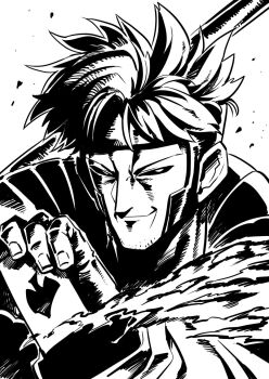 1boy animification card closed_mouth coat facial_hair fingerless_gloves gambit gloves greyscale highres holding looking_at_viewer male_focus marvel monochrome simple_background smile solo stubble trench_coat white_background x-men