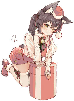 1girl animal_ears black_hair box christmas christmas_present gift gift_box hat highres hololive long_hair ookami_mio santa_hat tail torokko white_background wolf_ears wolf_girl wolf_tail yellow_eyes