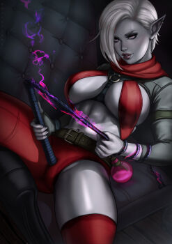 1girl abs absurdres belt breasts colored_skin dandon_fuga dark_elf desarae_(dandon_fuga) earrings elf grey_eyes grey_skin hair_over_one_eye highres jewelry large_breasts looking_at_viewer lying navel on_back original pants pointy_ears potion short_hair solo spread_legs thick_thighs thighs toned toned_female whip white_hair