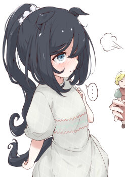 ... 1girl absurdres aged_down alternate_costume alternate_hair_length alternate_hairstyle animal_ears argyle_clothes argyle_dress black_hair blue_eyes blush child closed_mouth commentary_request cowboy_shot doll dress ears_down eishin_flash_(umamusume) from_above from_side grey_dress hair_over_one_eye hand_on_own_chest high_ponytail highres holding holding_doll horse_ears horse_girl horse_tail long_hair looking_up nose_blush one_eye_covered ponytail puff_of_air puffy_short_sleeves puffy_sleeves raised_inner_eyebrows sad scrunchie shijimi_(sijimi1917) short_sleeves sidelocks simple_background single_tear solo_focus spoken_ellipsis standing tail tears umamusume very_long_hair white_background white_scrunchie