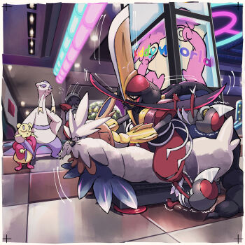 bisharp border ceiling commentary_request gen_5_pokemon highres holding how_long indoors kingambit mienfoo mienshao motion_lines nintendo no_humans pawniard pointing pokemon pokemon_(creature) pulling sitting standing stoutland tile_floor tiles trembling white_border