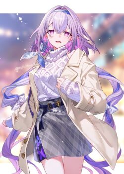 1girl asahikawa_hiyori belt black_belt blurry blurry_background bright_pupils castorice_(honkai:_star_rail) castorice_(luckin_coffee)_(honkai:_star_rail) coat commentary_request earrings floating_hair grey_skirt highres honkai:_star_rail honkai_(series) jewelry long_hair long_sleeves official_alternate_costume open_clothes open_coat open_mouth outdoors pointy_ears purple_eyes purple_hair skirt smile solo standing sweater turtleneck very_long_hair white_pupils