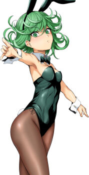 1girl animal_ears bent_spoon black_bow black_bowtie black_leotard bow bowtie breasts brown_pantyhose cowboy_shot curly_hair detached_collar fake_animal_ears floating green_eyes green_hair haruhisky higher_resolution_available highleg highleg_leotard highres leotard one-punch_man pantyhose playboy_bunny rabbit_ears rabbit_tail short_hair simple_background small_breasts solo spoon spoon_bending standing strapless strapless_leotard tail tatsumaki telekinesis wrist_cuffs