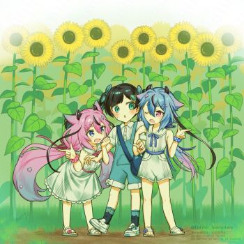 3girls absurdly_long_hair aged_down alternate_costume amau_totori animal_print aqua_eyes bag black_hair black_horns black_streaks blue_bag blue_bow blue_bowtie blue_eyes blue_hair blue_overalls blue_scrunchie blue_socks bow bowtie cat_print cevio collared_shirt colored_inner_hair commentary_request double-parted_bangs dress field flower flower_field footwear_bow frilled_dress frilled_shorts frills full_body futaba_kominato futaba_minato gradient_hair hair_intakes hair_ornament hairclip highres holding_another&#039;s_arm horns jewelry kneehighs leaf_hair_ornament long_hair looking_at_another looking_to_the_side low_ponytail low_twintails meika_hime meika_mikoto multicolored_hair multiple_girls one_eye_closed open_mouth outdoors overall_shorts overalls pink_bow pink_bowtie pink_eyes pink_hair pink_scrunchie pointing pointing_to_the_side ponytail print_socks sandals scrunchie shirt shoes short_eyebrows short_hair short_sleeves shorts shoulder_bag siblings sidelocks signature sleeveless sleeveless_dress sneakers socks streaked_hair sunflower sunflower_field sweat swept_bangs triangle_mouth twins twintails twitter_username very_long_hair vocaloid watermark white_bow white_dress white_sandals white_shirt white_shoes white_shorts wrist_scrunchie