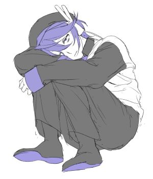 1girl aa_kabeuchi bags_under_eyes beret boots closed_mouth collared_shirt expressionless full_body hat head_on_knees head_tilt headphones highres hugging_own_legs long_sleeves pants purple_eyes purple_hair shirt short_hair simple_background solo utane_uta utau