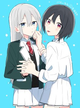 2girls absurdres baka_ni_kokuhaku black_hair black_sweater_vest blazer blue_background blue_eyes cheek_pinching commentary_request green_jacket hayami_(baka_ni_kokuhaku) highres holding_another&#039;s_wrist holding_hands interlocked_fingers jacket long_hair multiple_girls necktie ootsuki_ayumu parted_lips pinching pink_eyes pleated_skirt red_necktie school_uniform shirt skirt sleeves_rolled_up star_(symbol) sweater_vest tongue tongue_out translation_request white_hair white_shirt white_skirt yasaka_syu yuri