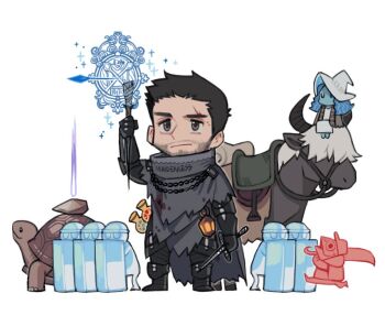 1boy 1girl animal arm_up armor beard black_armor black_hair blue_hair blue_skin casting_spell closed_eyes colored_skin elden_ring facial_hair fromsoftware hat holding holding_staff holding_sword holding_weapon lantern magic ranni_the_witch rinotuna short_hair simple_background staff sword tarnished_(elden_ring) torrent_(elden_ring) turtle weapon white_background witch_hat