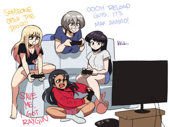 4girls black_hair blonde_hair blue_eyes breasts call_of_duty call_of_duty:_black_ops cleavage collarbone controller crossover english_text flat_screen_tv game_controller grey_hair hair_ornament hairclip highres holding hood hoodie ijiranaide_nagatoro-san kitagawa_marin komi-san_wa_komyushou_desu komi_shouko long_hair multiple_crossover multiple_girls nagatoro_hayase open_mouth playing_games red_eyes shirt short_hair shorts simple_background sitting sono_bisque_doll_wa_koi_wo_suru t-shirt tan television tina_fate uzaki-chan_wa_asobitai! uzaki_hana v-neck video_game white_background