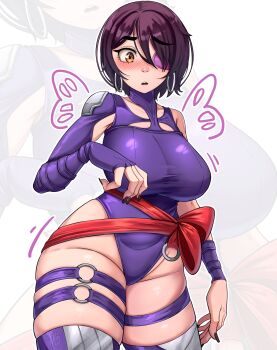 1girl absurdres black_nails blush breasts butterfly_wings clothing_cutout commentary cosplay cowboy_shot curvy dilan_griz drawn_wings earrings english_commentary eyepatch fingernails hair_over_one_eye halter_leotard halterneck highleg highleg_leotard highres hoop_earrings insect_wings jewelry large_breasts leotard looking_at_viewer marvel marvel_rivals nail_polish no_piercings nose o-ring o-ring_thigh_strap one_eye_covered open_mouth orange_eyes original psylocke psylocke_(cosplay) purple_hair purple_leotard queen_(dilan_griz) red_sash sash short_hair single_bare_shoulder single_sleeve skindentation solo thick_thighs thigh_strap thighs waist_sash white_background wings x-men zoom_layer