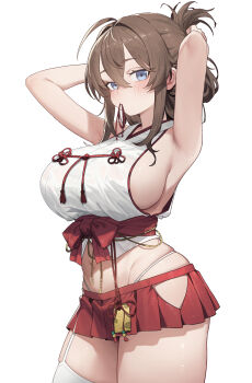 1girl ahoge armpits arms_behind_head arms_up artist_request bare_arms bare_shoulders blue_eyes bow breasts brown_hair clothing_cutout commentary commission cowboy_shot crop_top english_commentary folded_ponytail garter_straps hair_tie_in_mouth highleg highres hip_vent large_breasts long_hair looking_at_viewer microskirt midriff mouth_hold navel original panty_straps pleated_skirt red_bow red_skirt second-party_source shirt sideboob simple_background single_garter_strap skindentation skirt sleeveless sleeveless_shirt solo spaghetti_strap stomach takamiya_keika thighhighs thighs white_background white_shirt white_thighhighs