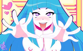 1girl against_wall bad_id bad_pixiv_id blue_hair blush breasts collar drooling eyelashes female_focus fourth_wall heart highres large_breasts linked_piercing lolo_pan long_hair me!me!me! meme_(me!me!me!) nipple_piercing nipple_rings outstretched_arms piercing purple_eyes solo string string_of_fate tongue tongue_out upper_body