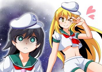 2girls anchor_symbol black_hair blonde_hair cosplay dairi green_eyes hat heart long_hair medium_hair meme midriff multiple_girls murasa_minamitsu murasa_minamitsu_(cosplay) navel neckerchief one_eye_closed red_neckerchief shaded_face shirt short_sleeves shorts smile space space_cat_(meme) touhou v very_long_hair white_hat white_shirt white_shorts yakumo_yukari yellow_eyes