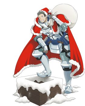 Rule 34 | 1boy, armor, armored boots, bag, boots, box, cape, faulds, fireplace, frilled hat, frills, full armor, full body, gauntlets, gift, gift box, gloves, grey gloves, grin, hat, holding, holding bag, leg armor, log horizon, log horizon new adventure land, looking at viewer, male focus, naotsugu (log horizon), official art, red cape, red hat, santa hat, smile, solo, spiked hair, transparent background