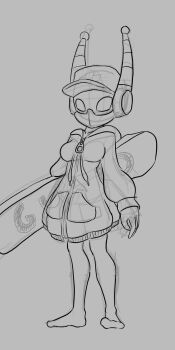 1girl absurdres antennae arthropod_girl barefoot baseball_cap bodyboard borrowed_character breasts bug collarbone cross cross_print hat highres hollow_knight hollow_knight:_silksong hood hoodie hornet_(hollow_knight) lifeguard long_sleeves looking_at_viewer mechanization medium_breasts monochrome non-humanoid_robot original oversized_clothes oversized_hoodie print_headwear robot robot_animal sara_(critatonic) sketch soandnb standing