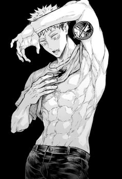 1boy abs arm_up armpits black_background blood blood_on_clothes collarbone commentary_request greyscale highres itadori_yuuji jujutsu_kaisen male_focus monochrome nay_bb no_nipples pants pectorals remembering scar scar_on_face scar_on_mouth short_hair simple_background solo speech_bubble toned toned_male undercut