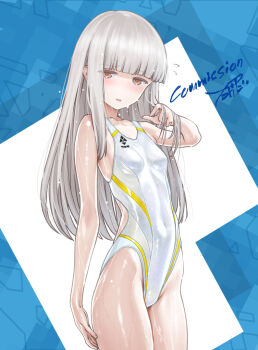 1girl blunt_bangs breasts brown_eyes commentary commission competition_swimsuit grey_hair highleg highleg_one-piece_swimsuit long_hair looking_at_viewer one-piece_swimsuit original skeb_commission small_breasts solo swimsuit takada_kazuhiro two-tone_swimsuit wet