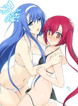 2girls accidental_exposure ass asymmetrical_docking black_bra black_panties blue_eyes blue_hair bra breast_press breasts brown_eyes choukou_(alicesoft) choukou_shinki_ixseal ellis_xillia houshou_kirika large_breasts multiple_girls official_art onigirikun panties red_hair side_ponytail surprised underwear wavy_mouth white_bra white_panties