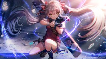 Rule 34 | 1girl, aiming, aiming at viewer, aura, black shoes, black skirt, black socks, blunt bangs, blunt ends, blurry, bow, bowtie, breasts, brown hair, commentary, convenient leg, copyright notice, depth of field, diamond-shaped pupils, diamond (shape), english commentary, eyelashes, eyes visible through hair, fighting stance, floating hair, full body, gun, hair bow, hair ribbon, hands up, heaven burns red, highres, holding, holding gun, holding weapon, kneehighs, loafers, long hair, looking at viewer, miniskirt, official alternate costume, official art, official wallpaper, ogasawara hisame, ogasawara hisame (garnet dusklight), on one knee, outdoors, parted lips, plaid bow, plaid bowtie, plaid clothes, plaid skirt, pleated skirt, red bow, red pupils, red ribbon, red sweater vest, ribbon, school uniform, shirt, shoes, short sleeves, sidelighting, sidelocks, single wrist cuff, skirt, small breasts, smile, smug, socks, solo, stuffed animal, stuffed cat, stuffed toy, sweater vest, symbol-shaped pupils, thigh strap, thighs, twintails, v-shaped eyebrows, very long hair, weapon, weapon case, white shirt, wrist cuffs, yellow eyes