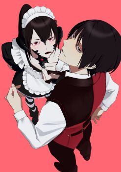 1boy 1other apron asahi_sas_brutus au_ra black_hair black_horns black_scales bowl_cut brown_eyes clothes_grab commission commissioner_upload final_fantasy final_fantasy_xiv food_in_mouth high_ponytail highres holding horns hyur izumi_tol_amulius long_hair looking_at_viewer maid_apron maid_headdress necktie necktie_grab neckwear_grab nozouko pink_background ponytail red_eyes scales short_hair skeb_commission smile valentine vest warrior_of_light_(ff14)