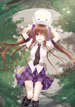 Rule 34 | 1girl, black necktie, brown hair, checkered clothes, checkered skirt, crote, female focus, hat, himekaidou hatate, kedama (touhou), lying, necktie, no wings, on back, one eye closed, pom pom (clothes), puffy short sleeves, puffy sleeves, short sleeves, skirt, solo, tokin hat, touhou, twintails