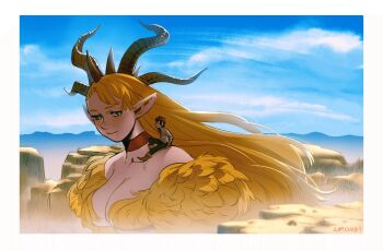 1boy 1girl aatom87 alternate_breast_size_(larger) blonde_hair blue_sky boots breasts brown_boots chilchuck_tims choker cleavage cloud commentary dungeon_meshi english_commentary fusion giant giantess green_eyes horns large_breasts long_hair marcille_donato mountain mountainous_horizon pointy_ears red_choker sitting_on_shoulder sky smile very_long_hair winged_lion_(dungeon_meshi) yellow_fur