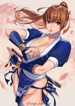 1girl absurdres breasts brown_eyes brown_hair choker cleavage dead_or_alive highres japanese_clothes kagematsuri kasumi_(doa) large_breasts long_hair looking_at_viewer ninja open_mouth pelvic_curtain ponytail ribbon side-tie_peek solo thighhighs underwear weapon white_thighhighs