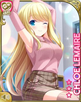 1girl arms_up bedroom blonde_hair blue_eyes breasts brown_gloves brown_shorts brown_thighhighs card character_name chloe_lemaire closed_mouth elbow_gloves girlfriend_(kari) gloves long_hair medium_breasts official_art one_eye_closed pink_sweater qp:flapper shorts sitting smile solo sweater tagme thighhighs wooden_floor