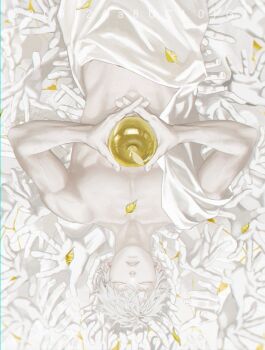 1boy apple blackbox_(blackbox9158) closed_eyes curly_hair falling_petals food from_above fruit golden_apple holding holding_food holding_fruit male_focus no_shirt original own_hands_together parted_lips pectorals petals reaching reaching_towards_another short_hair toga toned toned_male too_many_hands white_hair white_theme