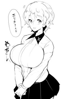 1girl akaboshi_koume black_collar black_skirt bouncing_breasts breasts collar crossed_arms emblem girls_und_panzer grey_skirt greyscale heart huge_breasts kuromorimine_(emblem) kuromorimine_school_uniform monochrome pleated_skirt sasaki_tatsuya school_uniform sketch skirt solo speech_bubble thighs translated wavy_hair yuri
