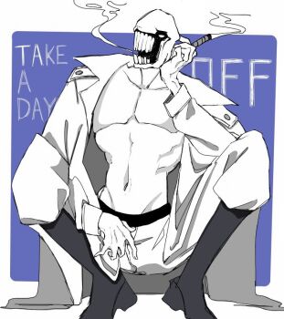 Rule 34 | 1boy, bare pectorals, boots, casio ri, cigar, coat, commentary, dedan (off), elbow on knee, english commentary, english text, groin, head rest, holding, holding cigar, lapels, male focus, monster boy, navel, off (game), open clothes, open coat, pants, pectorals, smoke, smoke trail, smoking, solo, squatting, teeth