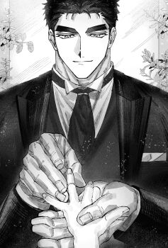 Rule 34 | 1boy, bara, black hair, black jacket, blue eyes, bodybuilder, domo (domo kizusuki), grey hair, highres, jacket, jewelry, kokado shido (domo), looking down, male focus, manly, marriage proposal, monochrome, muscular, muscular male, necktie, original, pov, putting on jewelry, ring, shirt, short hair, shredded muscles, sideburns, suits, tareme, thick eyebrows, v-taper, wedding ring, white shirt