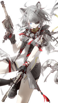 1girl absurdres animal_ears arknights arknights:_endfield black_gloves black_jacket black_shoes black_shorts black_socks blue_eyes commentary eyepatch fingerless_gloves gloves grey_hair gun handgun highres holding holding_gun holding_weapon jacket kneehighs long_hair looking_at_viewer luozhou_pile mauser_c96 open_clothes open_jacket shirt shoes short_sleeves shorts sleeveless sleeveless_jacket snow_leopard_ears snow_leopard_girl snow_leopard_tail socks solo tail tangtang_(arknights) very_long_hair weapon white_shirt