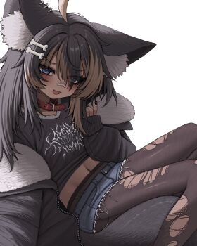 Rule 34 | 1girl, absurdres, animal collar, animal ear fluff, animal ear piercing, animal ears, bags under eyes, bandaid, bandaid on face, bandaid on nose, belt collar, black hair, black jacket, black nails, black pantyhose, black shirt, blue eyes, blue shorts, bone hair ornament, brown hair, cartoon bone, collar, commentary, commission, hair ornament, highres, indie virtual youtuber, jacket, kamiko kana, kamiko kana (wolfdog), lobsteranian, long hair, long sleeves, looking at viewer, midriff, multicolored hair, nail polish, navel, open mouth, pantyhose, red collar, shirt, short shorts, shorts, simple background, solo, tail, torn clothes, torn pantyhose, two-tone hair, white background, white shirt, wolf ears, wolf girl, wolf tail