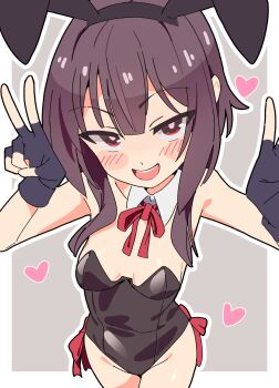 1girl :d animal_ears bare_shoulders black_gloves black_leotard blush blush_stickers border breasts brown_hair detached_collar double_v fake_animal_ears fingerless_gloves gloves grey_background groin heart highres kono_subarashii_sekai_ni_shukufuku_wo! leotard loli looking_at_viewer megumin neck_ribbon noyama_takenoko open_mouth playboy_bunny rabbit_ears red_eyes red_ribbon ribbon short_hair_with_long_locks sidelocks simple_background small_breasts smile solo strapless strapless_leotard teeth two-tone_background upper_teeth_only v white_border
