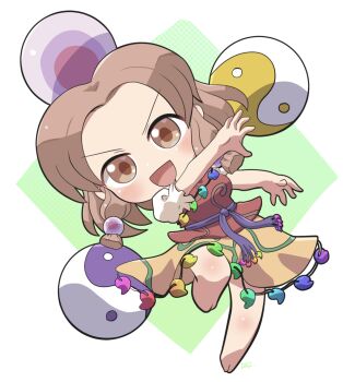 1girl :d barefoot blush brown_hair chibi chibi_only commentary_request full_body headpiece highres jewelry long_hair looking_at_viewer magatama magatama_necklace necklace open_mouth orb outstretched_arm red_shirt rokugou_daisuke shirt short_sleeves signature skirt smile solo standing standing_on_one_leg tamatsukuri_misumaru touhou v-shaped_eyebrows yellow_skirt yin_yang yin_yang_orb