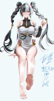 1girl absurdres barefoot black_hair blush braid dialyn_(zenless_zone_zero) double_bun feet gan_huang hair_bun highres long_hair multicolored_hair soles toes twin_braids two-tone_hair white_hair yellow_eyes zenless_zone_zero