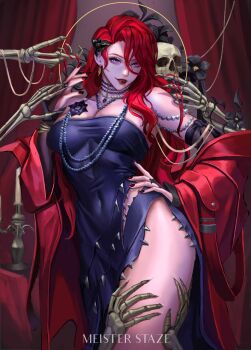 1girl absurdres black_flower breasts bridal_gauntlets cabernet_(path_to_nowhere) cowboy_shot dress flower grin hair_flower hair_ornament hand_on_own_hip hand_up highres jacket jewelry long_hair medium_breasts meister_staze mole mole_under_mouth necklace open_clothes open_jacket path_to_nowhere pearl_necklace purple_eyes red_hair red_jacket red_nails side_slit skeleton smile solo standing very_long_hair