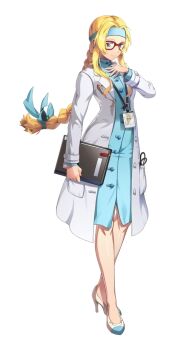 artist_request blonde_eyebrows blonde_hair blue_collar blue_headband blue_ribbon blue_shirt braid braided_ponytail breast_pocket button_gap buttoned_cuffs buttons collar collared_coat diana_caprice hair_intakes hair_ribbon hand_on_own_chest headband holding holding_notebook id_card lab_coat lanyard long_hair low-tied_long_hair low_ponytail mandarin_collar maxi_shirt notebook object_in_pocket official_art pen_in_pocket pocket ponytail red-framed_eyewear ribbon sakura_taisen sakura_taisen_v sega shirt third-party_source very_long_hair wavy_sidelocks white_buttons white_collar white_footwear white_pocket