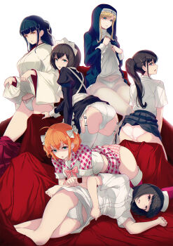 10s 40hara 6+girls ahoge all_fours ass black_hair blue_eyes blunt_bangs character_request chromatic_aberration clothes_lift disgust frown garter_straps glaring green_eyes habit hair_ribbon hat highres itou_chitose iya_na_kao_sare_nagara_opantsu_misete_moraitai izumo_iori japanese_clothes key_visual leaning_forward lifting_own_clothes long_hair looking_back lying maid_headdress miko multiple_girls nun nurse_cap official_art on_side orange_hair panties panties_under_pantyhose pantyhose pink_panties plaid_clothes plaid_panties pleated_skirt ponytail promotional_art ribbon school_uniform scowl sega_airi short_hair sitting skirt skirt_lift standing takayama_maria_(iyapan) tanahashi_misuzu thighhighs two_side_up underwear white_legwear white_panties wide_sleeves yuina_(iyapan)