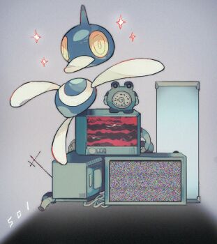 aerial akadako alternate_color arms_up clock colored_sclera floating full_body gen_1_pokemon gen_4_pokemon looking_at_viewer nintendo no_humans outstretched_arms pokemon pokemon_(creature) poliwhirl porygon-z shiny_pokemon sparkle static television yellow_eyes yellow_sclera