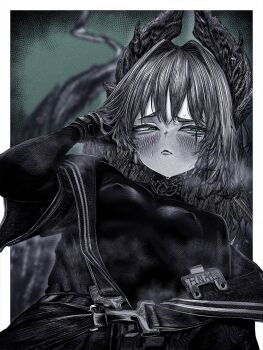 2girls arknights averting_eyes blush bodystocking border breasts choppy_bangs commentary_request covered_erect_nipples embarrassed from_below greyscale hair_intakes hand_up highres horns irene_(arknights) kyoeikyoei52906 long_hair medium_breasts monochrome multiple_girls open_clothes outside_border parted_lips solo steam steaming_body sweat upper_body white_border