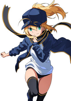 1girl absurdres artoria_pendragon_(fate) baseball_cap black_thighhighs blonde_hair blue_buruma blue_hat blue_jacket blue_scarf buruma closed_mouth commentary_request fate/grand_order fate_(series) floating_hair green_eyes gym_uniform hat highres jacket kishishi_(kishiman-ya) long_hair long_sleeves mysterious_heroine_x_(fate) open_clothes open_jacket ponytail scarf shirt smile solo thigh_gap thighhighs white_shirt yellow_trim