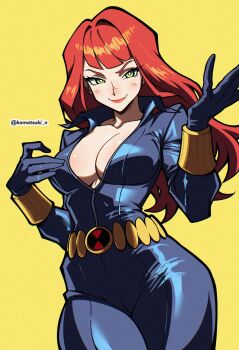 1girl absurdres artist_name avengers_(series) black_bodysuit black_widow blush bodysuit breasts brown_hair center_opening cleavage commentary english_commentary green_eyes highres komatsuki_n long_hair marvel medium_breasts natasha_romanoff simple_background smile solo superhero_costume twitter_username yellow_background