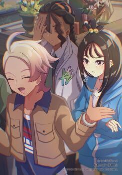 Rule 34 | 0roshioji3ran, 1girl, 3boys, ahoge, az (pokemon), black hair, blonde hair, blue hoodie, blue shirt, bracelet, breast pocket, brown jacket, choker, closed eyes, collared shirt, commentary request, cube hair ornament, green necktie, hair ornament, hand up, hood, hoodie, jacket, jewelry, lida (pokemon), long hair, long sleeves, multiple boys, naveen (pokemon), necktie, nintendo, open clothes, open jacket, open mouth, pocket, pokemon, pokemon legends: z-a, shirt, sleeves past wrists, sweatdrop, topknot, urbain (pokemon), watermark
