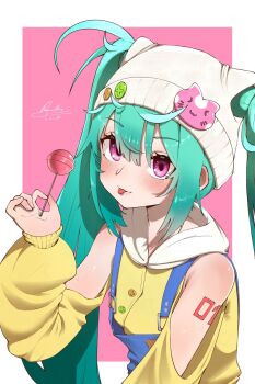 1girl bare_shoulders blue_hair blush candy food hatsune_miku highres lollipop looking_at_viewer overalls pin ryouko_c solo tongue tongue_out vocaloid