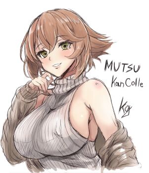 1girl artist_logo breasts brown_hair brown_jacket character_name commentary_request copyright_name flipped_hair green_eyes grey_sweater highres jacket kantai_collection kuga_zankurou large_breasts logo mutsu_(kancolle) ribbed_sweater short_hair simple_background sleeveless sleeveless_sweater smile solo sweater turtleneck turtleneck_sweater upper_body white_background